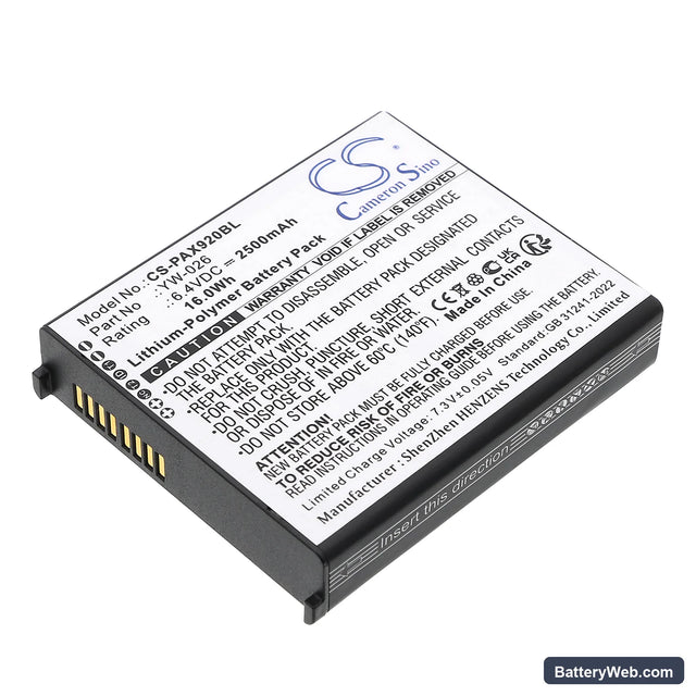 Pax A920 MAX Replacement Battery, 6.4V, 2500mAh, Li-Polymer 1