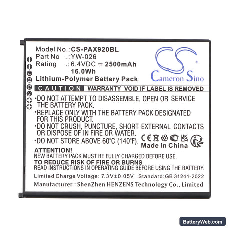 Pax A920 MAX Replacement Battery, 6.4V, 2500mAh, Li-Polymer 3