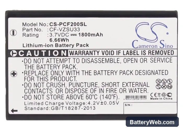 Panasonic Toughbook CF-P2 Replacement Battery, 3.7V, 1800mAh, Li-ion 5