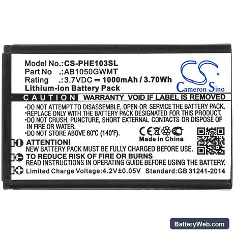 Philips E103 Replacement Battery, 3.7V, 1000mAh, Li-ion 3