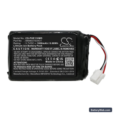 Philips Mercury Free Blood Pressure Replacement Battery, 3.7V, 1800mAh, Li-ion 3