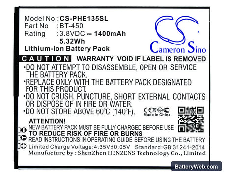 Philips E135x Replacement Battery, 3.7V, 1100mAh, Li-ion 1