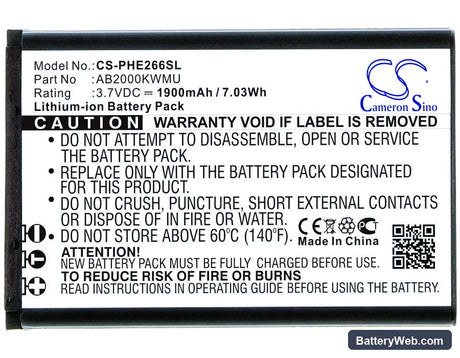 Philips Xenium E266W Replacement Battery, 3.7V, 1900mAh, Li-ion 1