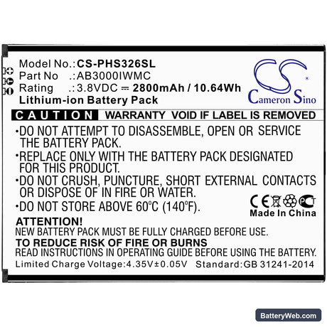 Philips Xenium S326 Replacement Battery, 3.8V, 2800mAh, Li-ion 3