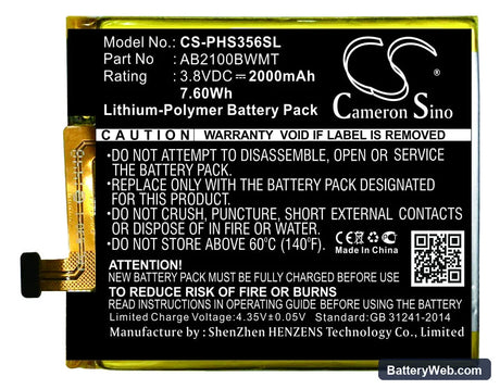 Philips Xenium S356t Replacement Battery, 3.8V, 2000mAh, Li-Polymer 1