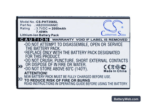 Philips Xenium T3566 Replacement Battery, 3.7V, 2000mAh, Li-ion 5