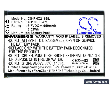 Philips Xenium X216 Replacement Battery, 3.7V, 950mAh, Li-ion 1