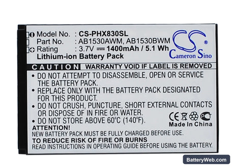 Philips Xenium T910 Replacement Battery, 3.7V, 1400mAh, Li-ion 1