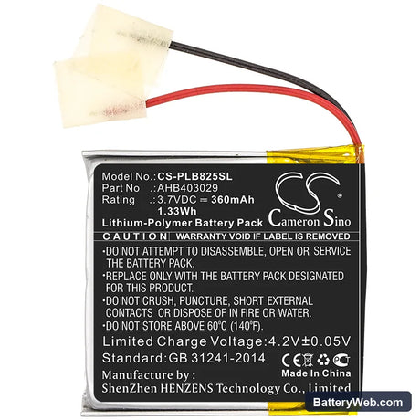 Plantronics Voyager Focus B825 Replacement Battery, 3.7V, 360mAh, Li-Polymer 3