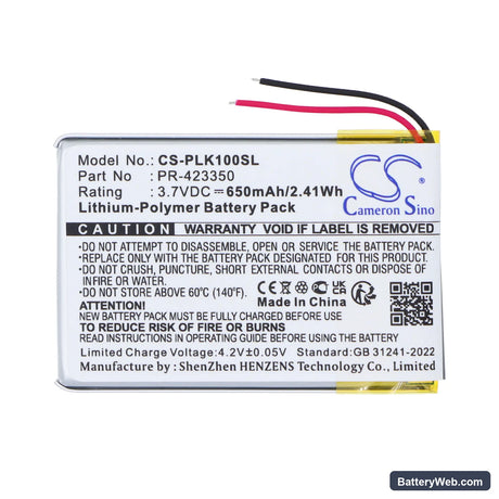 Plantronics K100 Replacement Battery, 3.7V, 650mAh, Li-Polymer 3