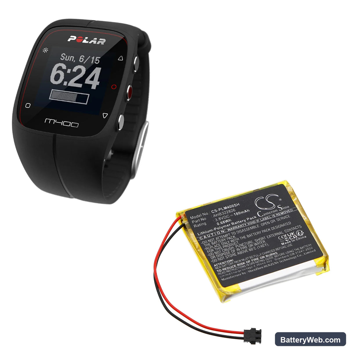 Polar GPS Sport Watch M400 Replacement Battery, 3.8V, 180mAh, Li-Polymer 6