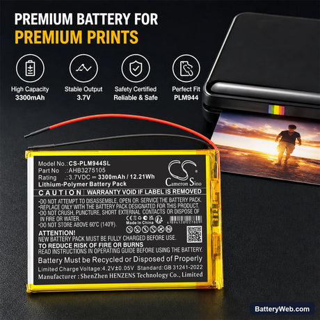 Polaroid MIDB944PXE Replacement Battery, 3.7V, 3300mAh, Li-Polymer 6