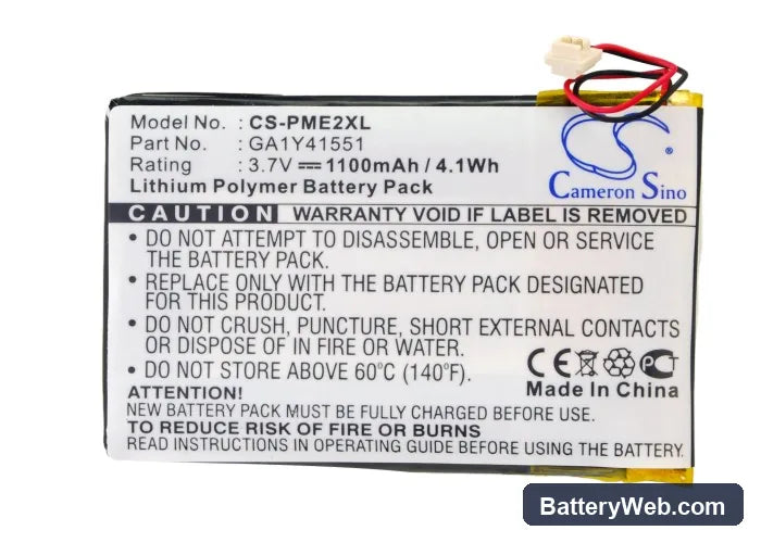 Palm Tungsten E2 Replacement Battery, 3.7V, 1100mAh, Li-Polymer 6