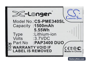 Prestigio MultiPhone 3400 Duo Replacement Battery, 3.7V, 1500mAh, Li-ion 1