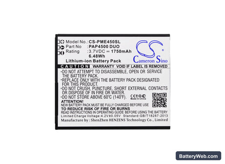 Prestigio MultiPhone 4500 Duo Replacement Battery, 3.7V, 1750mAh, Li-ion 5