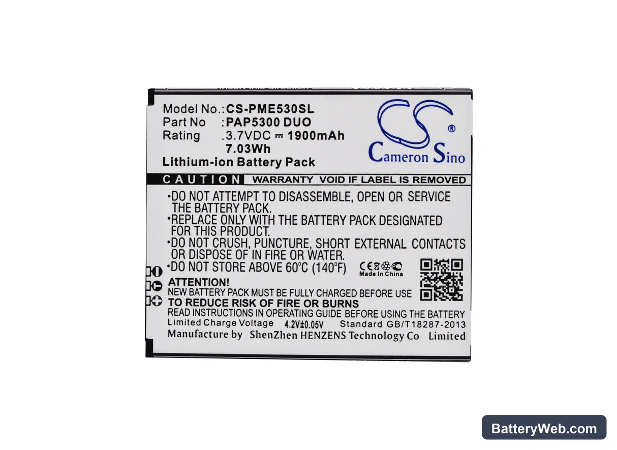 Prestigio MultiPhone 5300 Duo Replacement Battery, 3.7V, 1900mAh, Li-ion 5