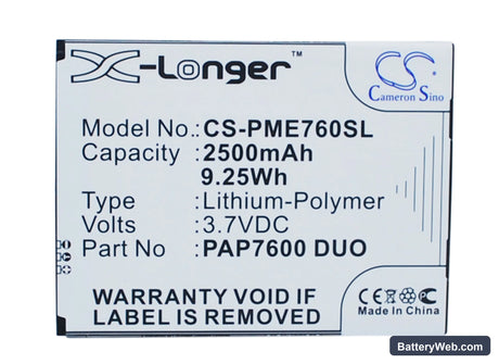 Prestigio MultiPhone 7600 Duo Replacement Battery, 3.7V, 2500mAh, Li-Polymer 1