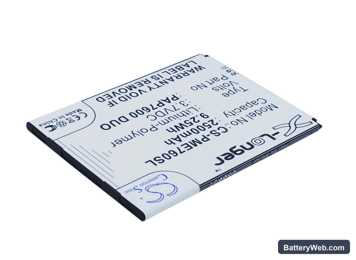 Prestigio MultiPhone 7600 Duo Replacement Battery, 3.7V, 2500mAh, Li-Polymer 3
