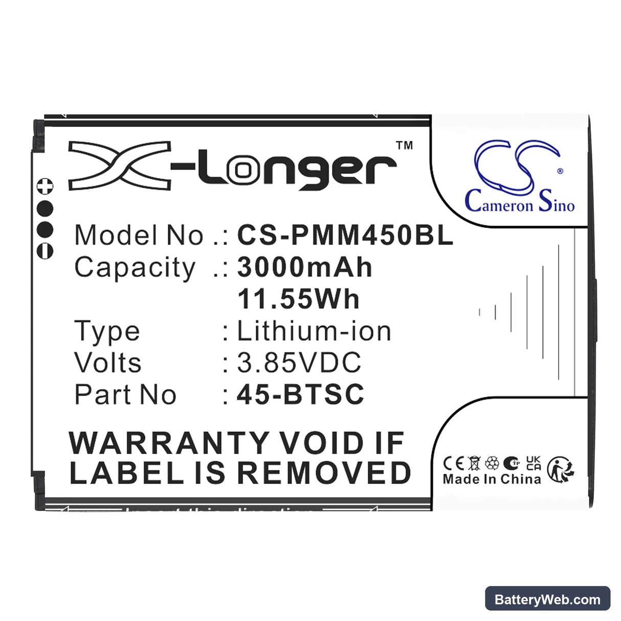 Point Mobile PM45 Replacement Battery, 3.85V, 3000mAh, Li-ion 3