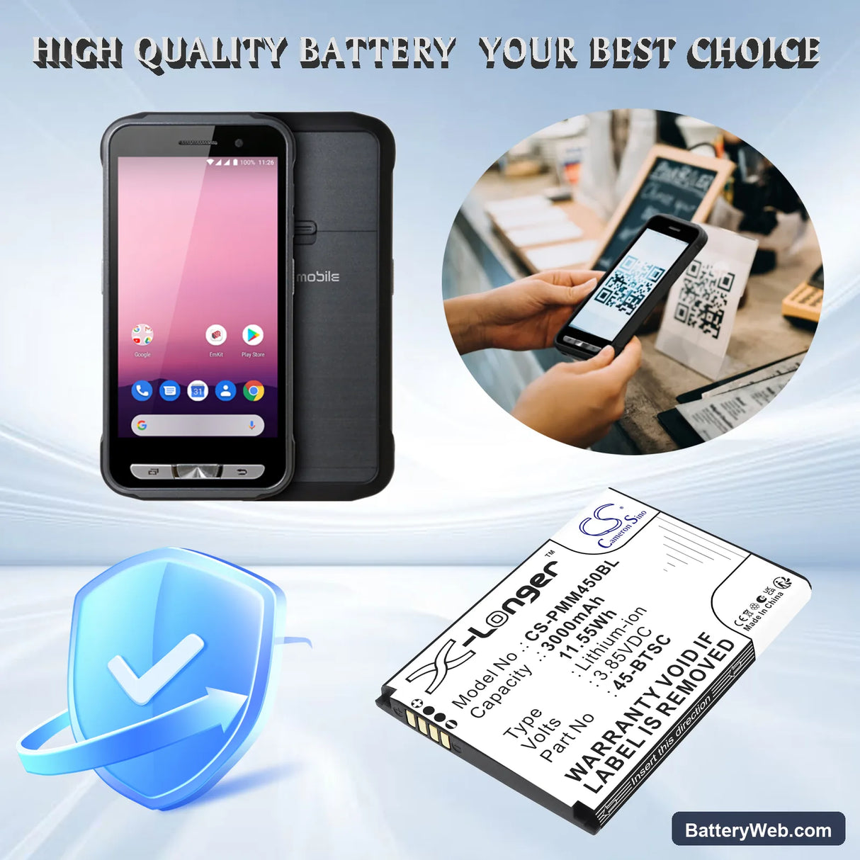 Point Mobile PM45 Replacement Battery, 3.85V, 3000mAh, Li-ion 4