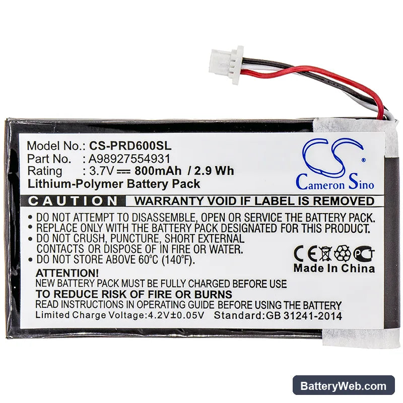 Sony PRS-600 Replacement Battery, 3.7V, 800mAh, Li-Polymer 3
