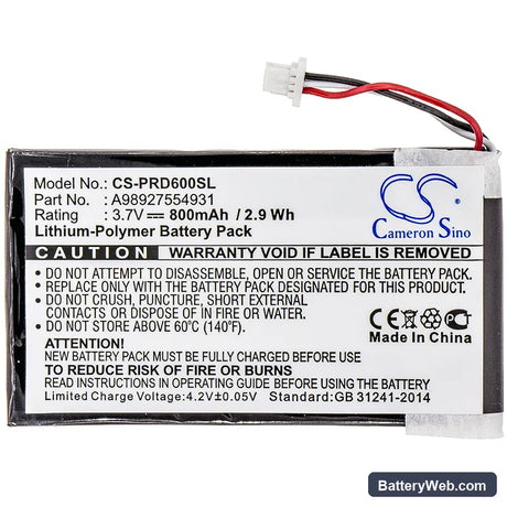 Sony PRS-600 Replacement Battery, 3.7V, 800mAh, Li-Polymer 3