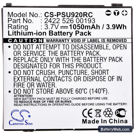 Philips Pronto TSU-9200 Replacement Battery, 3.7V, 1050mAh, Li-ion 3
