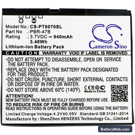 Pantech P6070 Replacement Battery, 3.7V, 940mAh, Li-ion 3