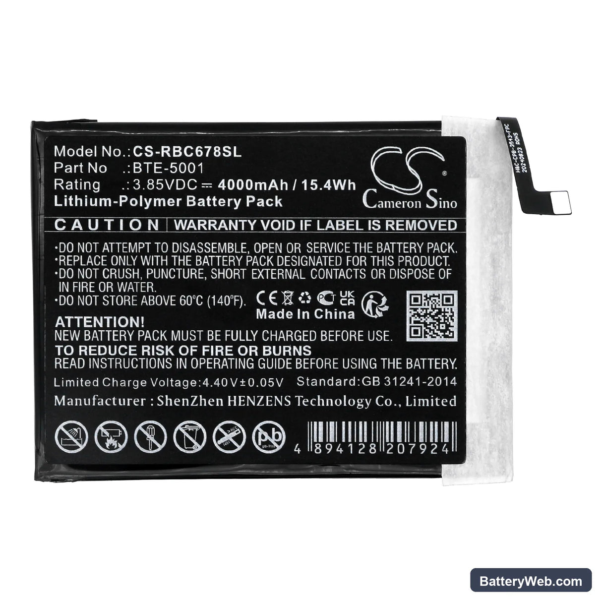 Orbic R678L5 Replacement Battery, 3.85V, 4000mAh, Li-Polymer 3