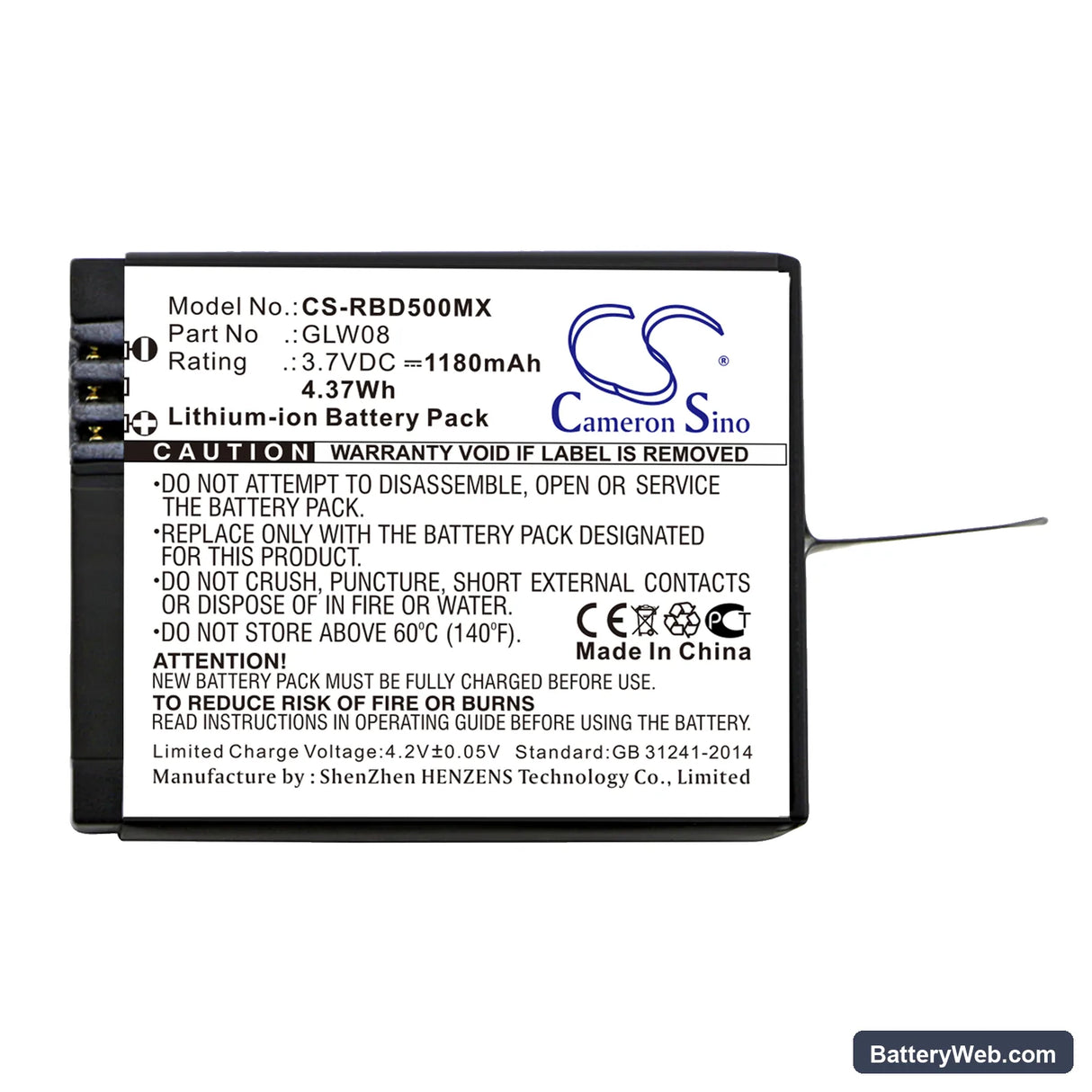 Rollei Actioncam 500 Replacement Battery, 3.7V, 1180mAh, Li-ion 3