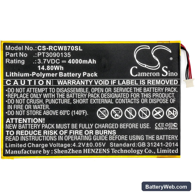 RCA Galileo Pro 11.5" Replacement Battery, 3.7V, 4000mAh, Li-Polymer 3