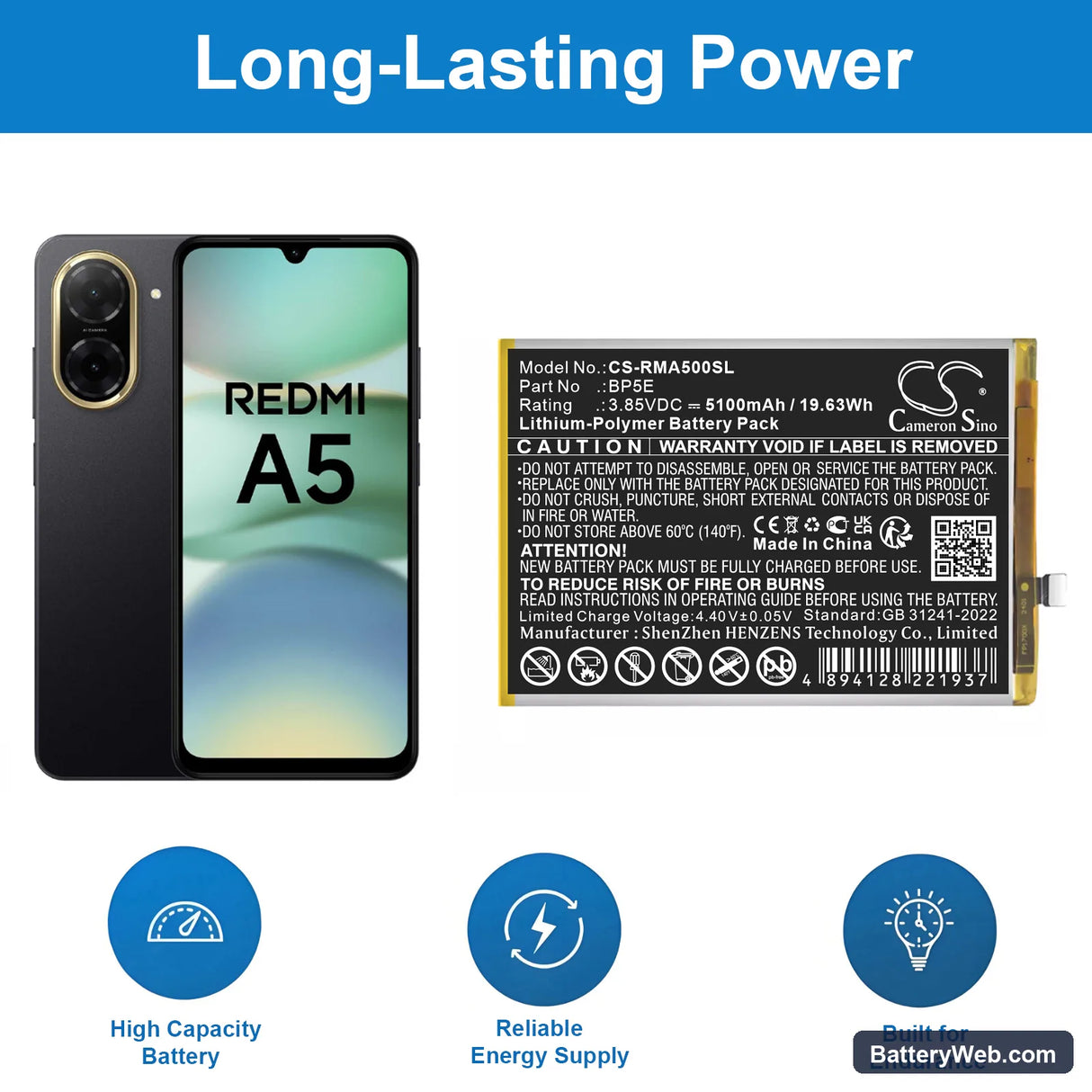 Redmi A5 4G Replacement Battery, 3.85V, 5100mAh, Li-Polymer 1