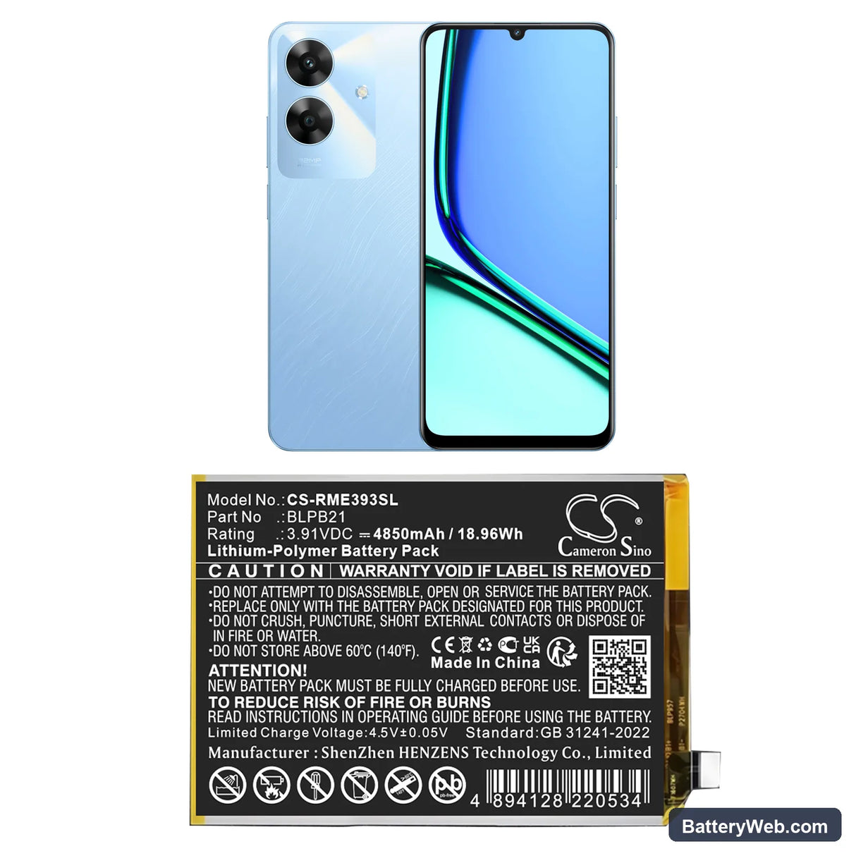 Realme Note 60 Replacement Battery, 3.91V, 4850mAh, Li-Polymer 1