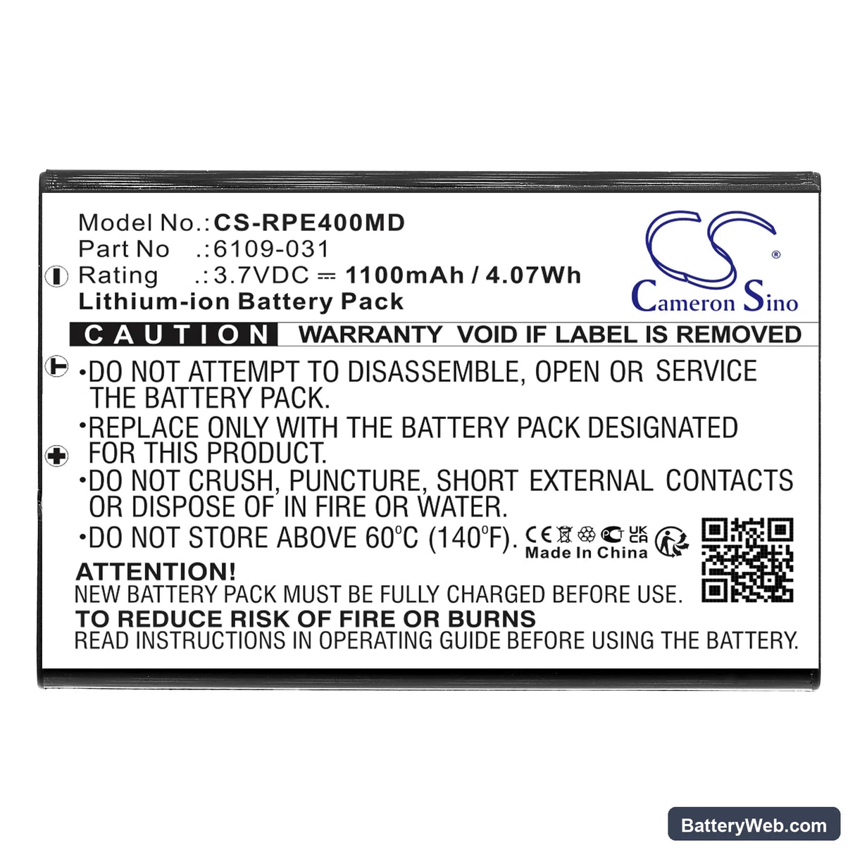 Rainin E4 pipette Replacement Battery, 3.7V, 1100mAh, Li-ion 3