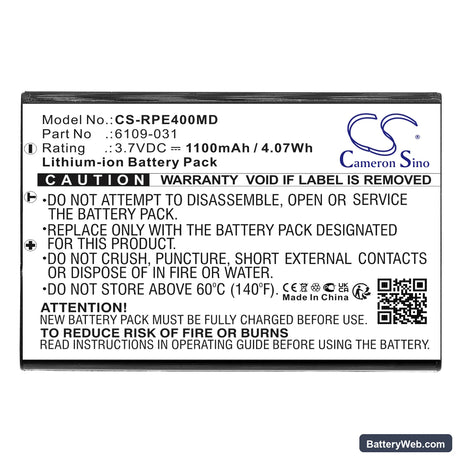 Rainin E4 pipette Replacement Battery, 3.7V, 1100mAh, Li-ion 3