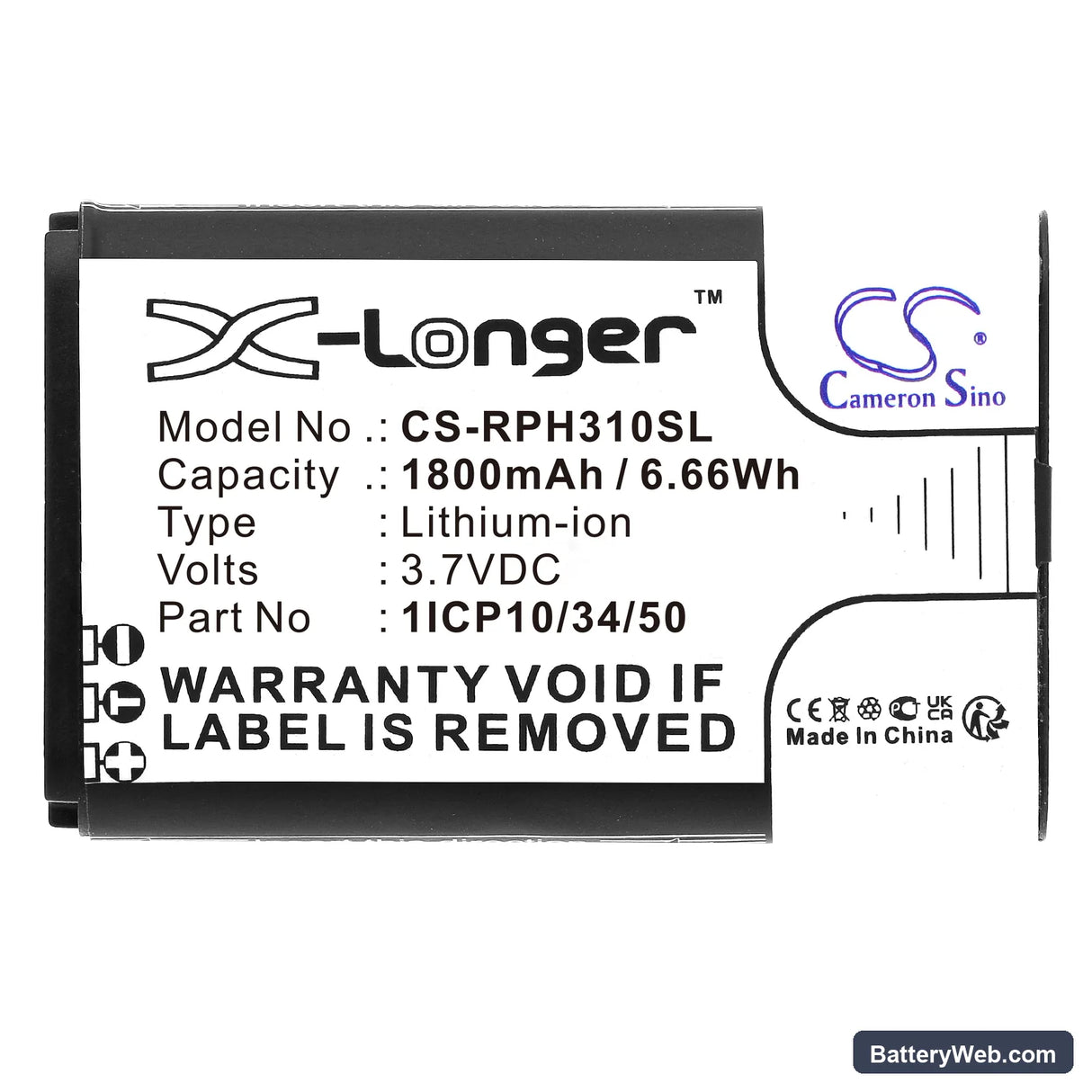 Rotronic HygroPalm HP31 Replacement Battery, 3.7V, 1800mAh, Li-ion 3