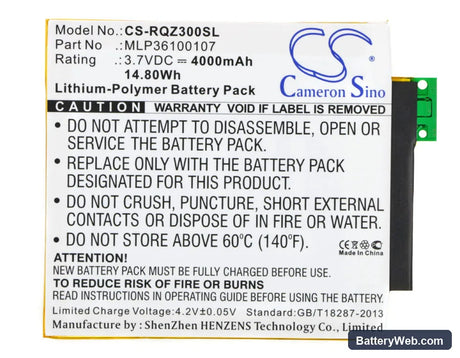 Verizon Ellipsis 8 Replacement Battery, 3.7V, 4000mAh, Li-Polymer 5