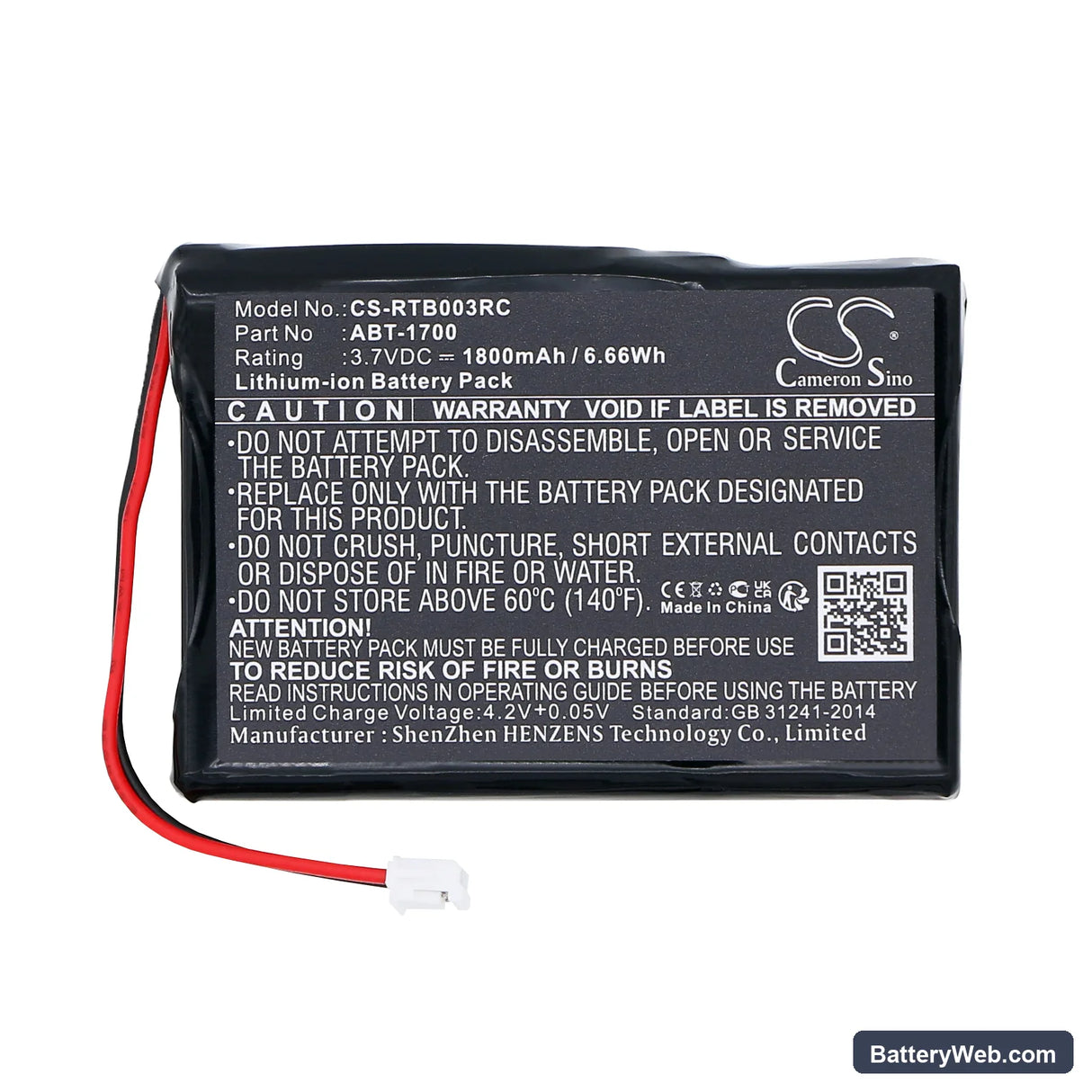 RTI T3V Replacement Battery, 3.7V, 1800mAh, Li-ion 3