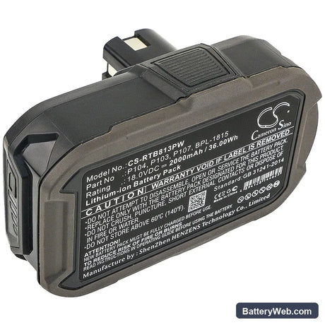 Ryobi ZRP813 Replacement Battery, 18V, 2000mAh, Li-ion 1