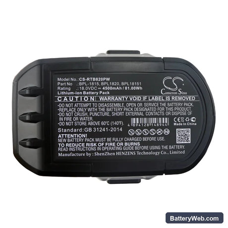 Ryobi ZRP813 Replacement Battery, 18V, 4500mAh, Li-ion 6