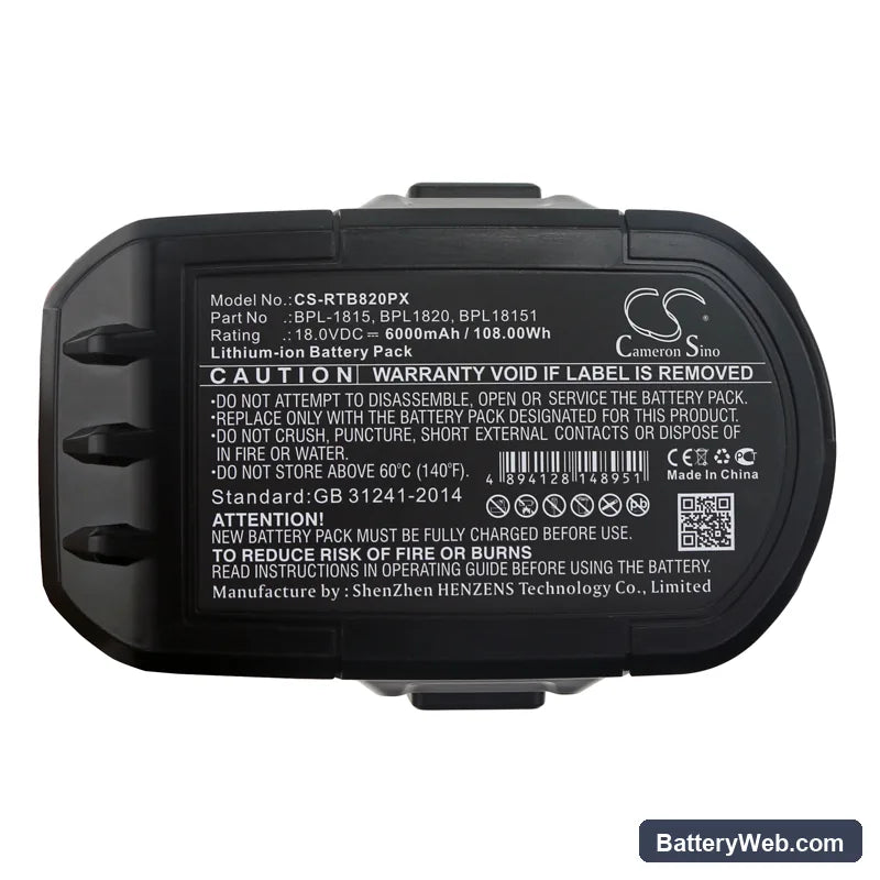Ryobi ZRP813 Replacement Battery, 18V, 6000mAh, Li-ion 6