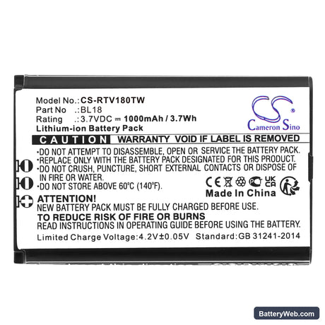 Retevis RT18 Replacement Battery, 3.7V, 1000mAh, Li-ion 3