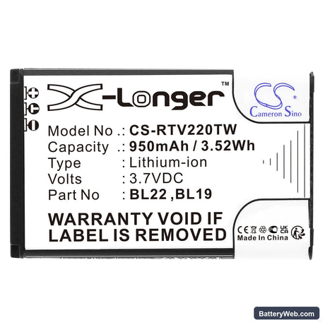 Retevis RT22 Replacement Battery, 3.7V, 950mAh, Li-ion 3