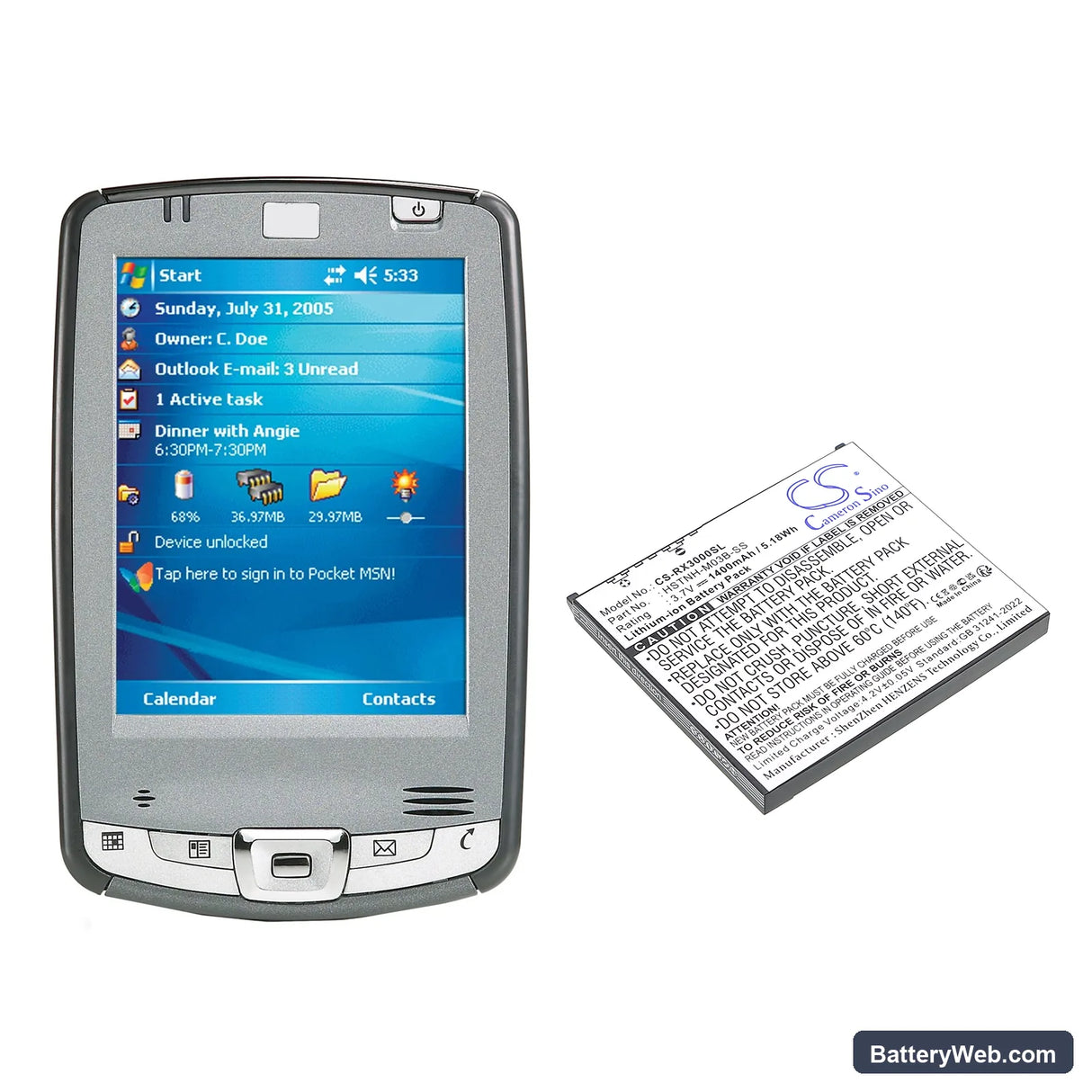 HP iPAQ hx2000 Replacement Battery, 3.7V, 1400mAh, Li-ion 4