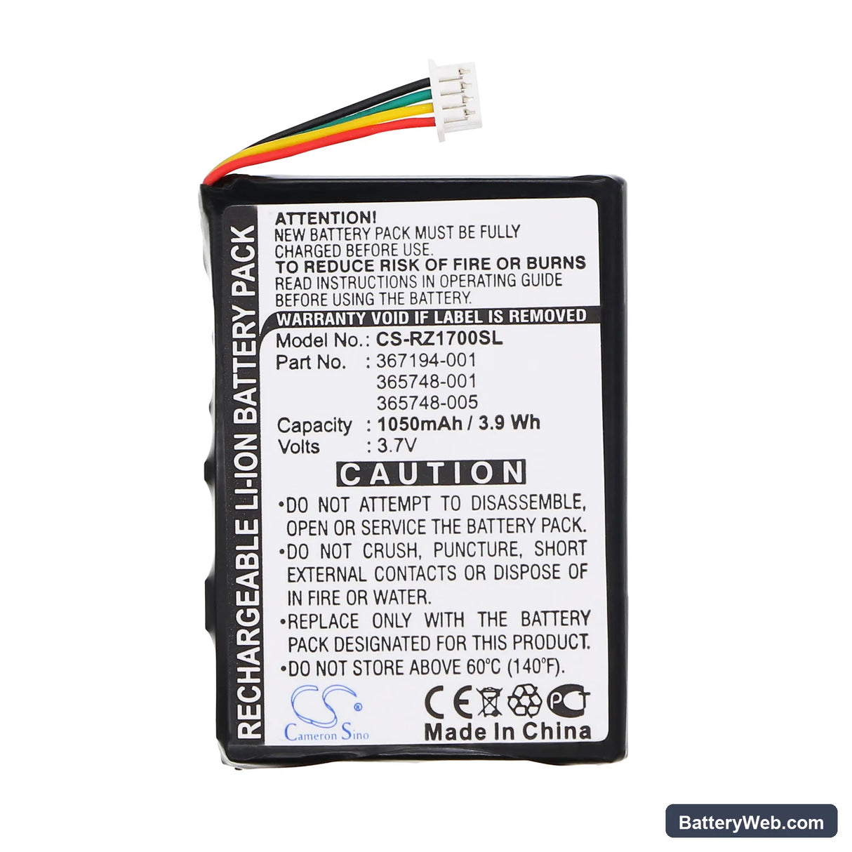HP iPAQ RZ1700 Replacement Battery, 3.7V, 1050mAh, Li-ion 3