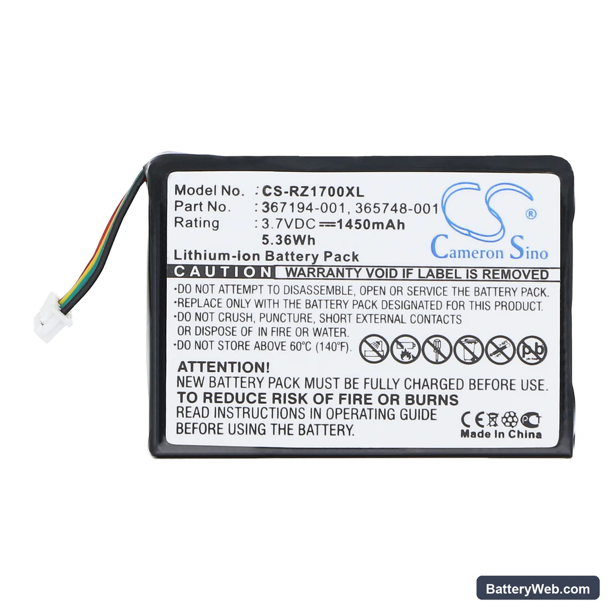 HP iPAQ RZ1700 Replacement Battery, 3.7V, 1450mAh, Li-ion 3