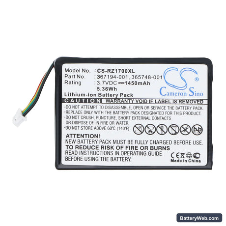 HP iPAQ RZ1700 Replacement Battery, 3.7V, 1450mAh, Li-ion 3