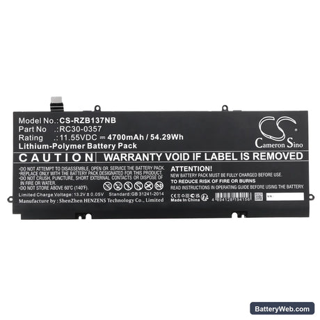 Razer Book 13 Core i7 Replacement Battery, 11.55V, 4700mAh, Li-Polymer 3