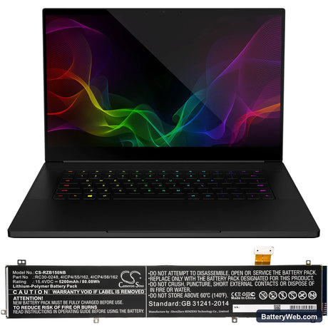 Razer Blade 15 2018 512GB 144Hz Replacement Battery, 15.4V, 5200mAh, Li-Polymer 5