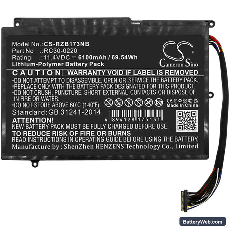 Razer Blade Pro GTX 1060 Replacement Battery, 11.4V, 6100mAh, Li-Polymer 3
